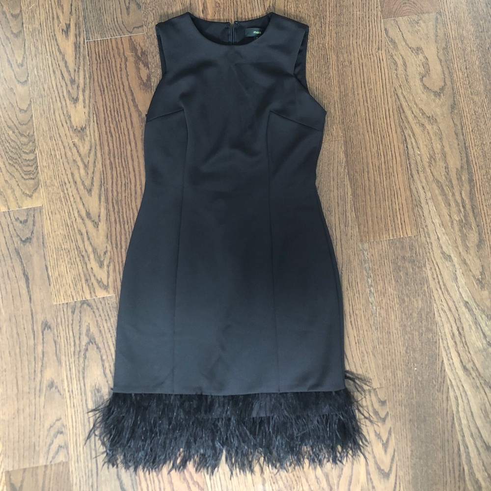 Maia ostrich feather trimmed little black dress.